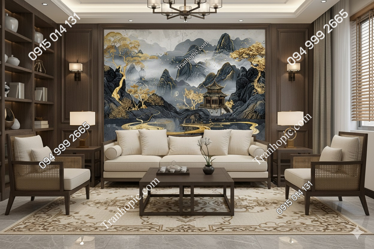 Tranh dán tường phòng khách nền sơn thủy kiểu mới AB868308610