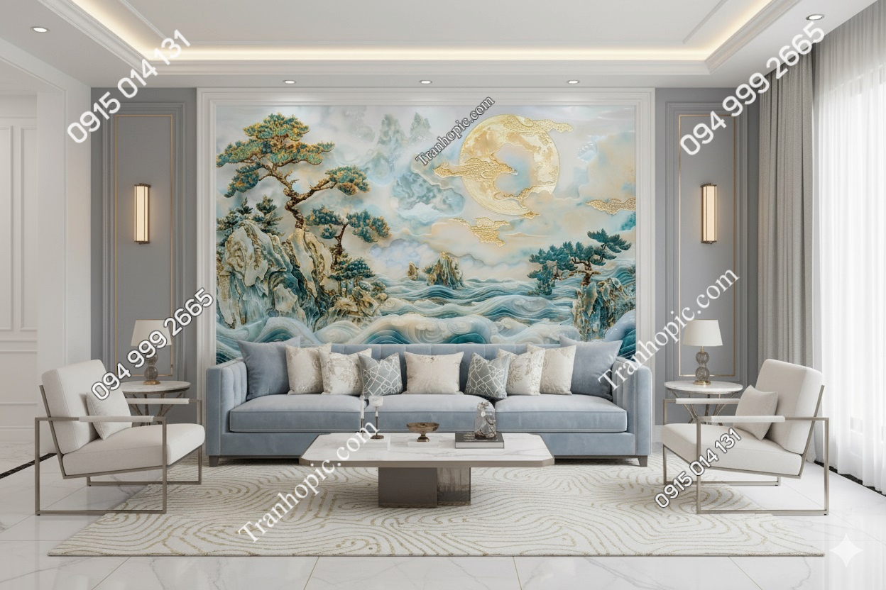 Tranh dán tường phòng khách sơn thủy giả đá xanh trắng AB868308272
