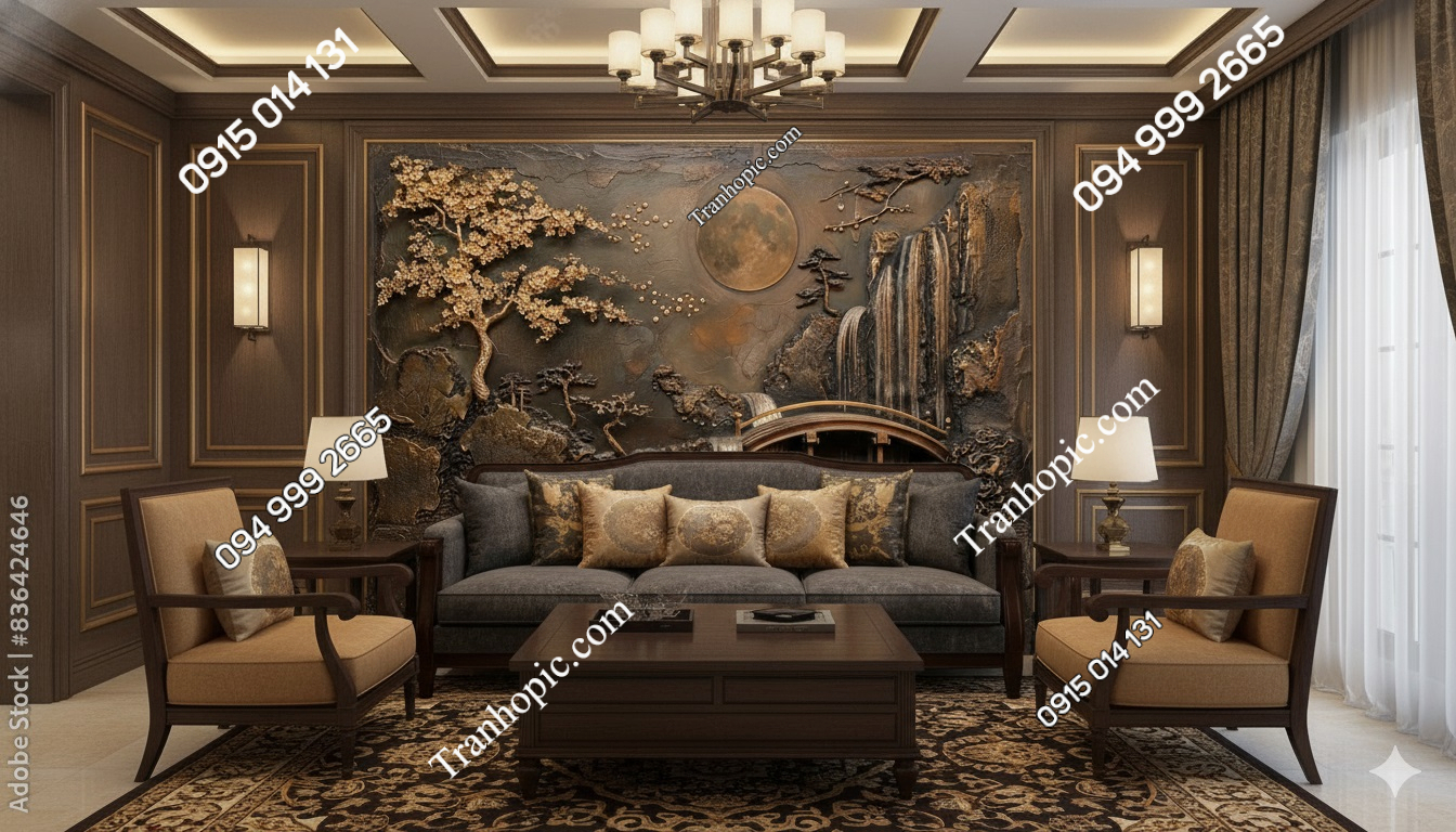 Tranh dán tường phòng khách tông nâu sơn thủy núi trăng Ab836426466