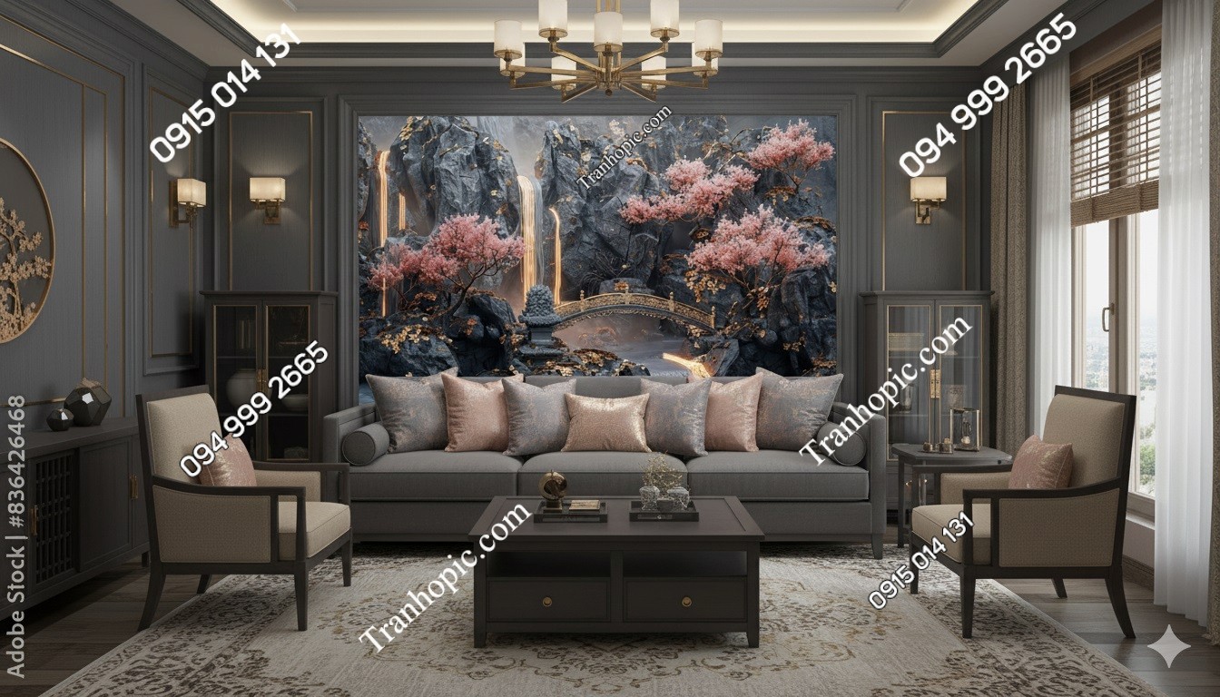 Tranh dán tường phòng khách với cảnh cầu và hoa núi AB836426468
