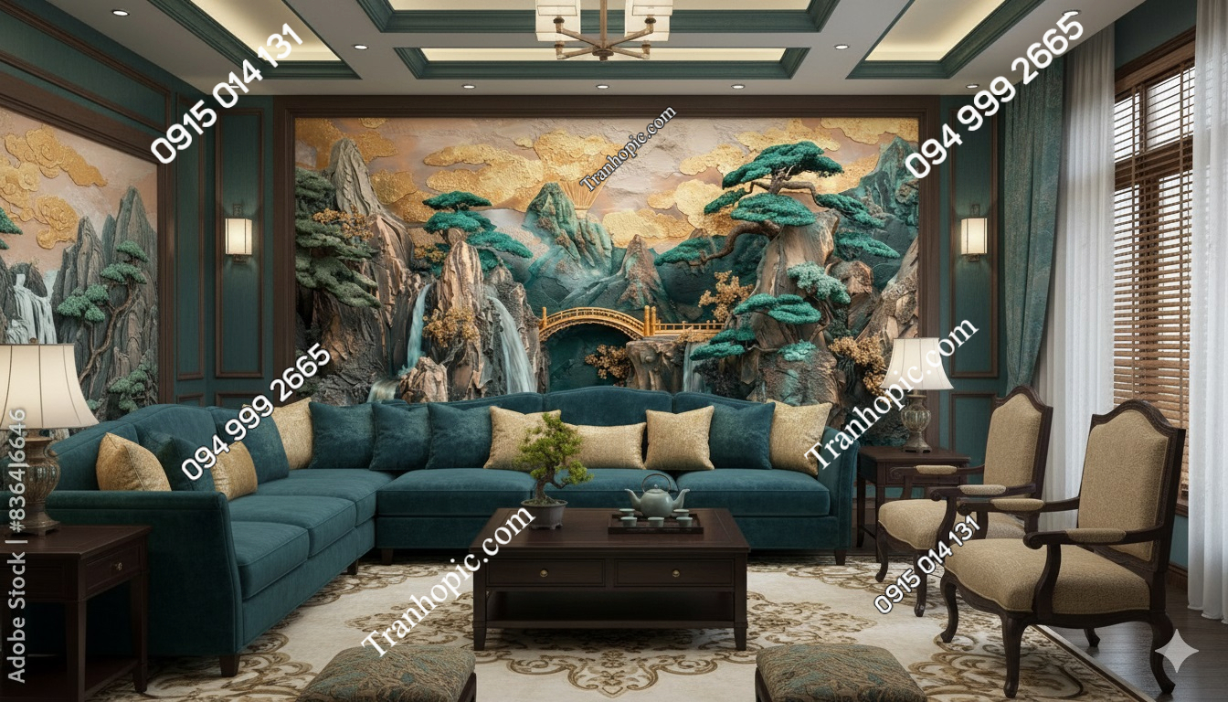 Tranh dán tường sơn thủy núi non tông xanh trang trí phòng khách AB836426346