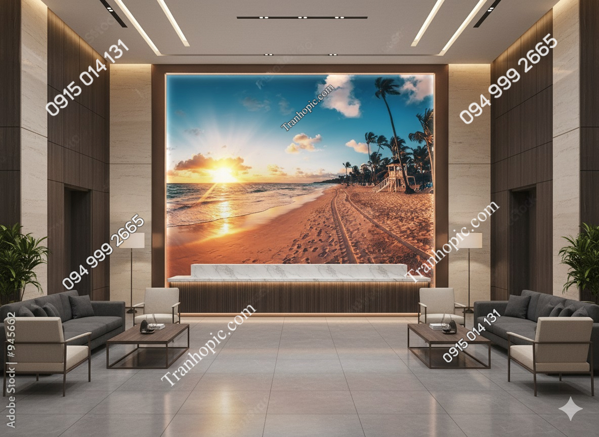 Tranh cảnh biển hoàng hôn dán sảnh chờ khách sạn AB194516092