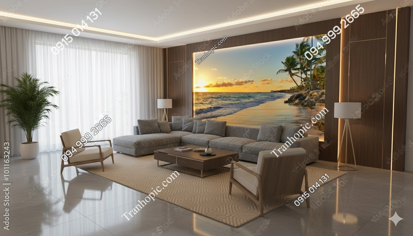 Tranh cảnh biển hoàng hôn dán tường phòng khách AB728413144