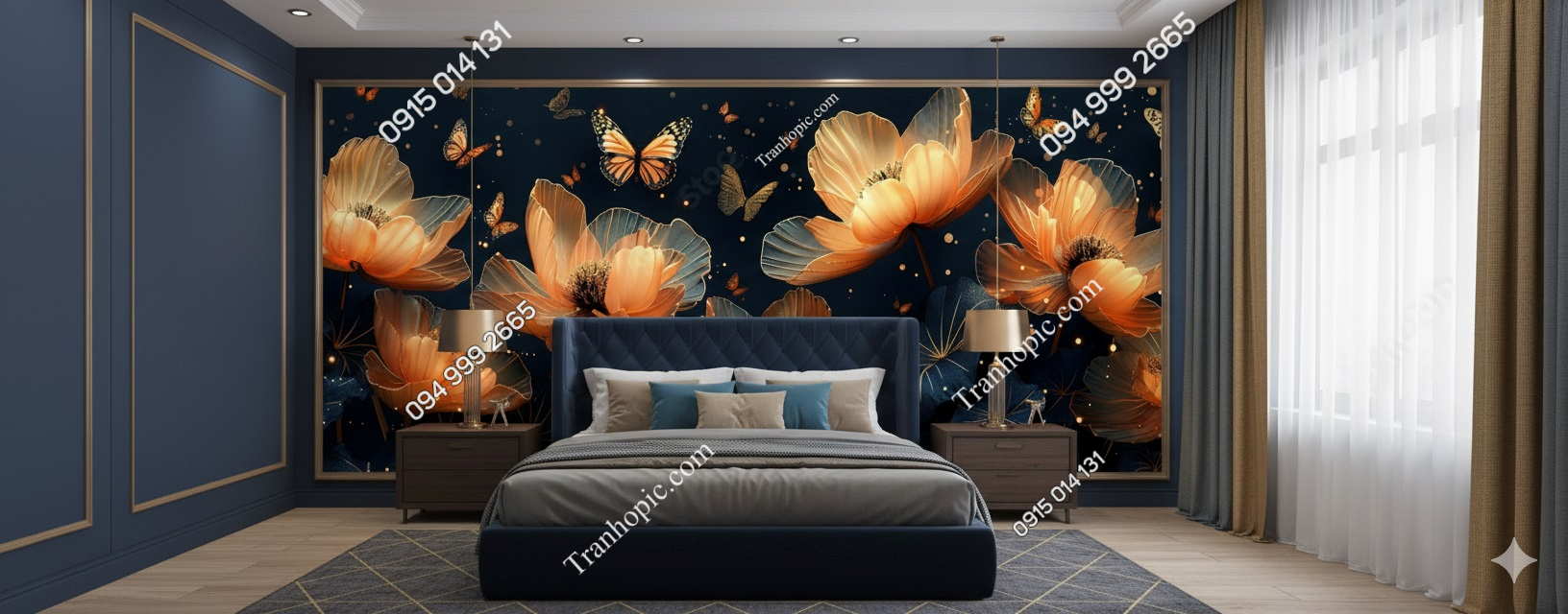 Tranh dán đầu giường với hoa và bướm AB777801797