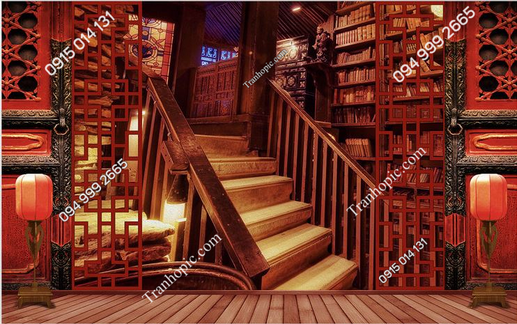 Tranh dán tường Phông chụp hình kiểu trung hoa đỏ bậc thang PK_2015657