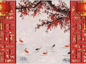 Tranh dán tường Phông chụp hình kiểu trung hoa đỏ cá PK_2021637