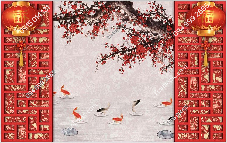 Tranh dán tường Phông chụp hình kiểu trung hoa đỏ cá PK_2021637