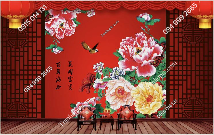 Tranh dán tường Phông chụp hình kiểu trung hoa đỏ hoa mẫu đơn PK_2029057