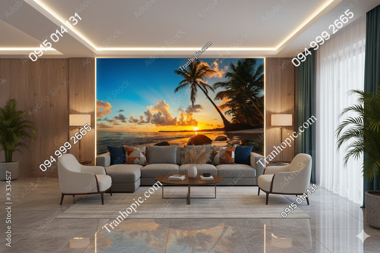 Tranh dán tường cảnh biển bình minh sảnh chờ AB343355857
