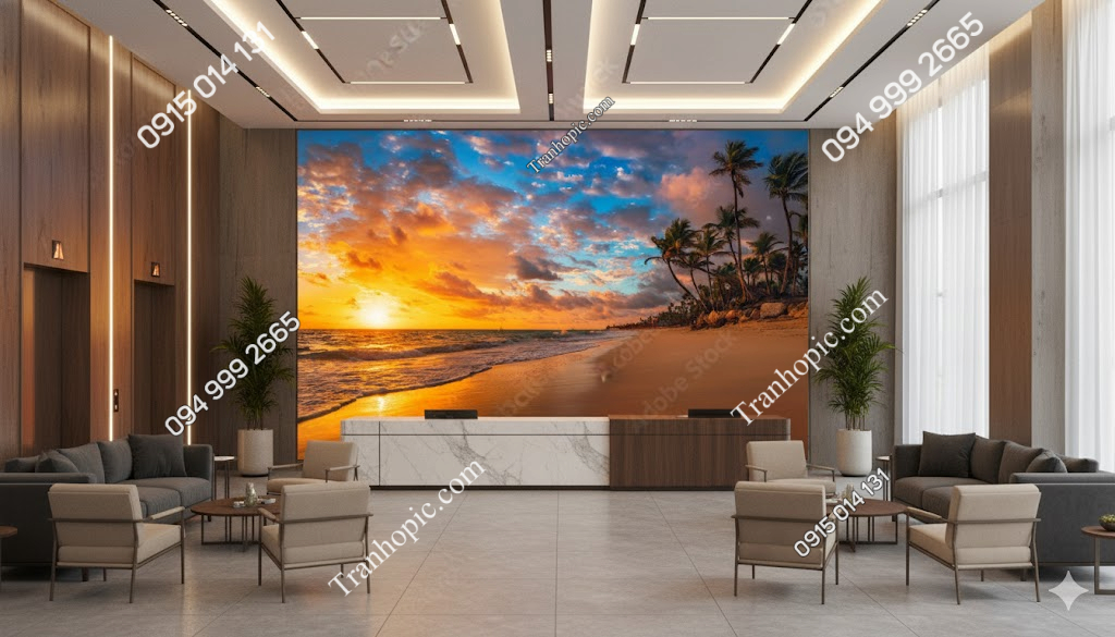 Tranh dán tường hoàng hôn trên bãi biển đẹp AB323789758