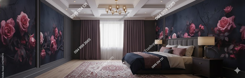 Tranh dán tường khổ dài hoa hồng nền đen trang tri phòng ngủ AB629818715