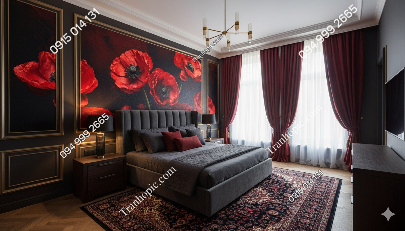 Tranh dán tường phòng ngủ đầu giường với hoa đỏ nền đen AB627128772