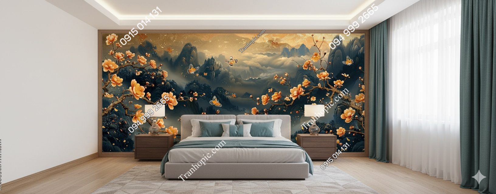 Tranh hoa mẫu đơn và bướm dán phòng ngủ AB777801348