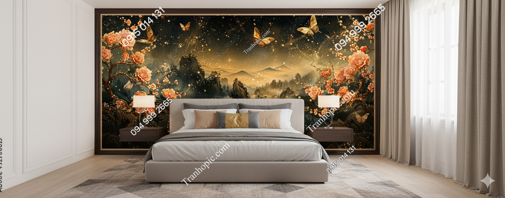 Tranh hoa và bướm dán đầu giường phòng ngủ AB777802193