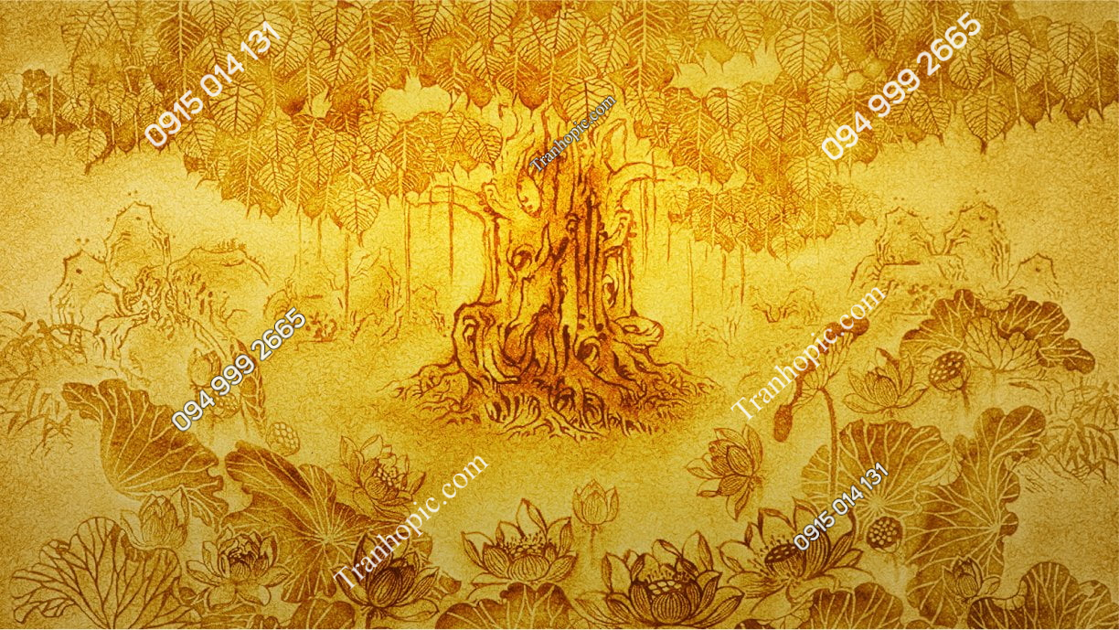 Tranh cây bồ đề vàng dán ban thờ đẹp 30120264