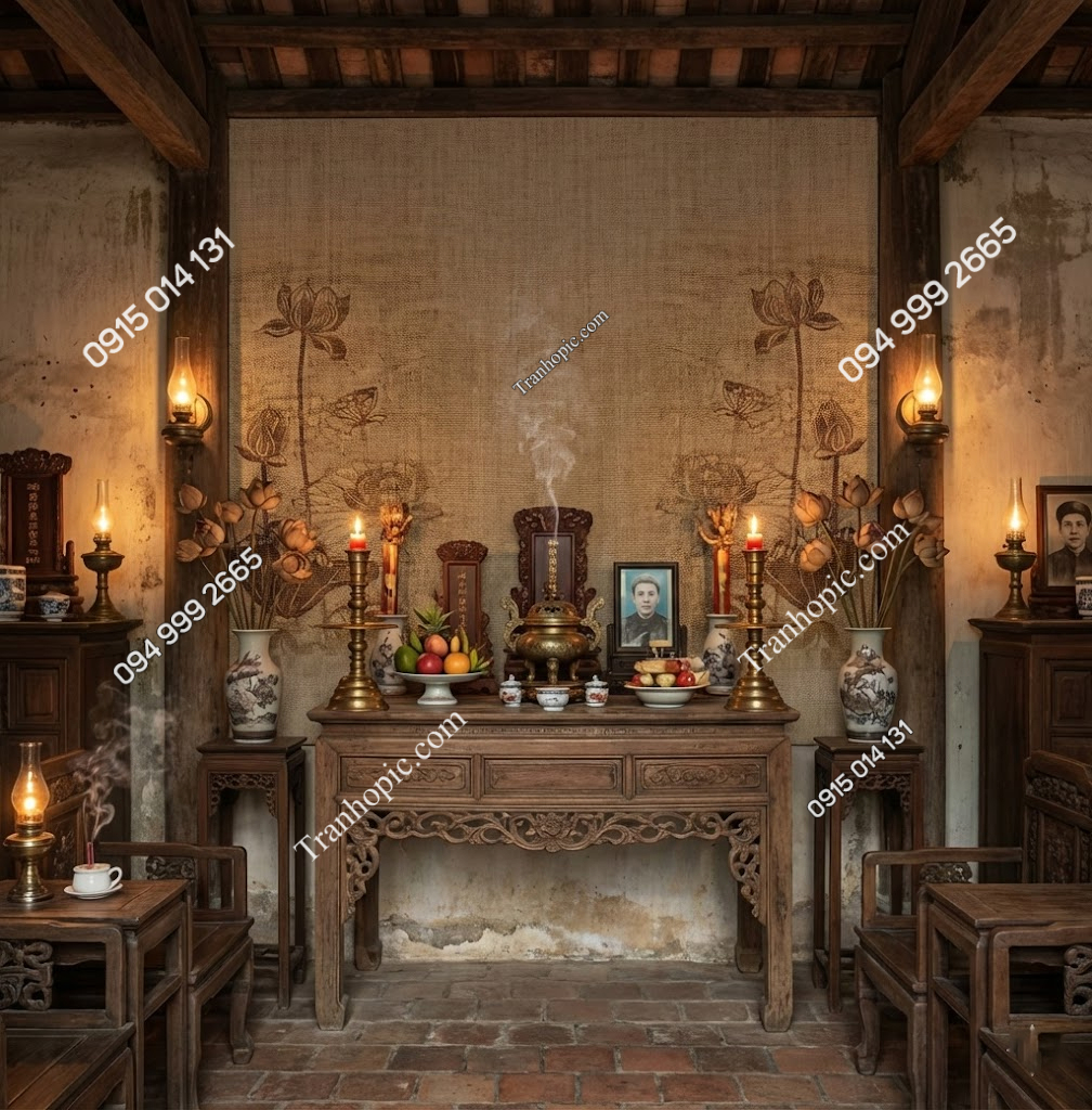 Tranh dán tường hoa sen cổ sau ban thờ xưa 30120269 (demo)