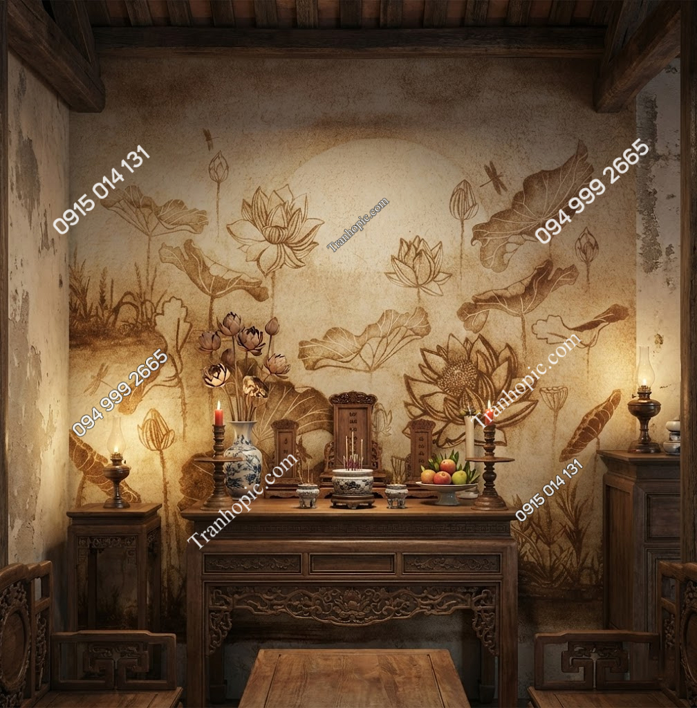 Tranh hoa sen kiểu giấy dừa dán tường ban thờ 3012026 (demo)