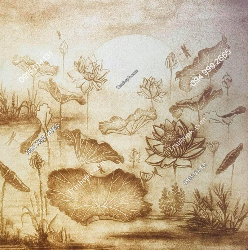 Tranh hoa sen kiểu giấy dừa dán tường ban thờ 3012026