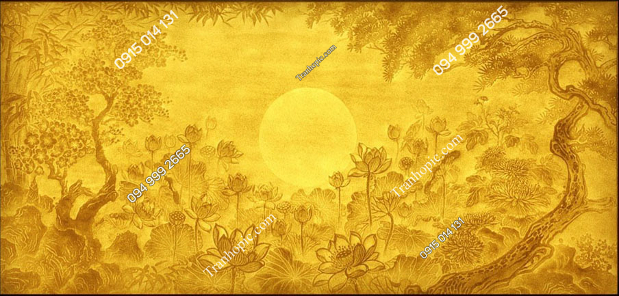 Tranh khổ ngang sen kiểu giấy dừa dán bàn thờ gia tiên 30120268