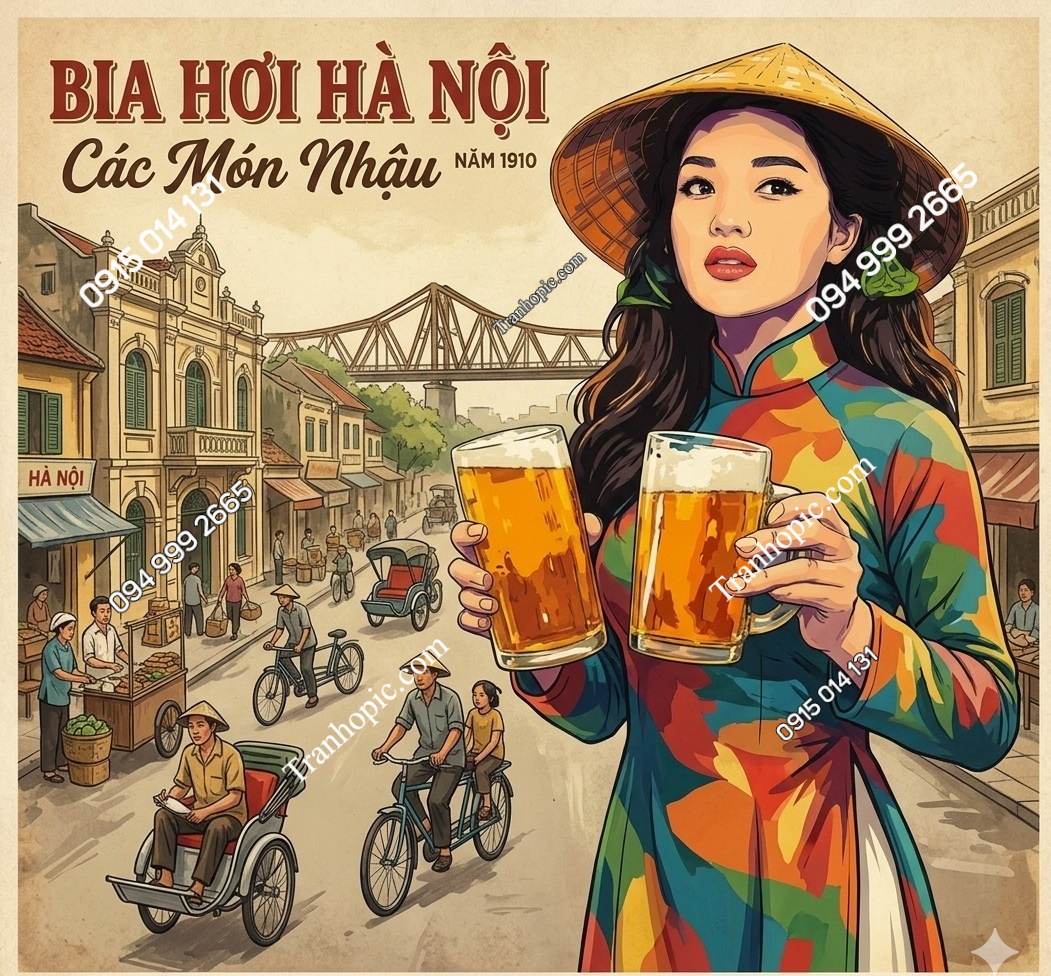 Tranh dán tường cô gái và cầu long biên trang trí quán bia 21320264