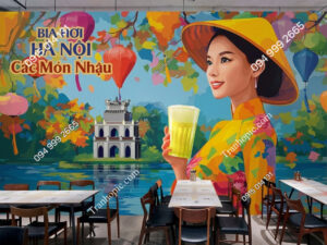 Tranh dán tường cô gái và hồ gươm trang trí quán bia 21320262 demo