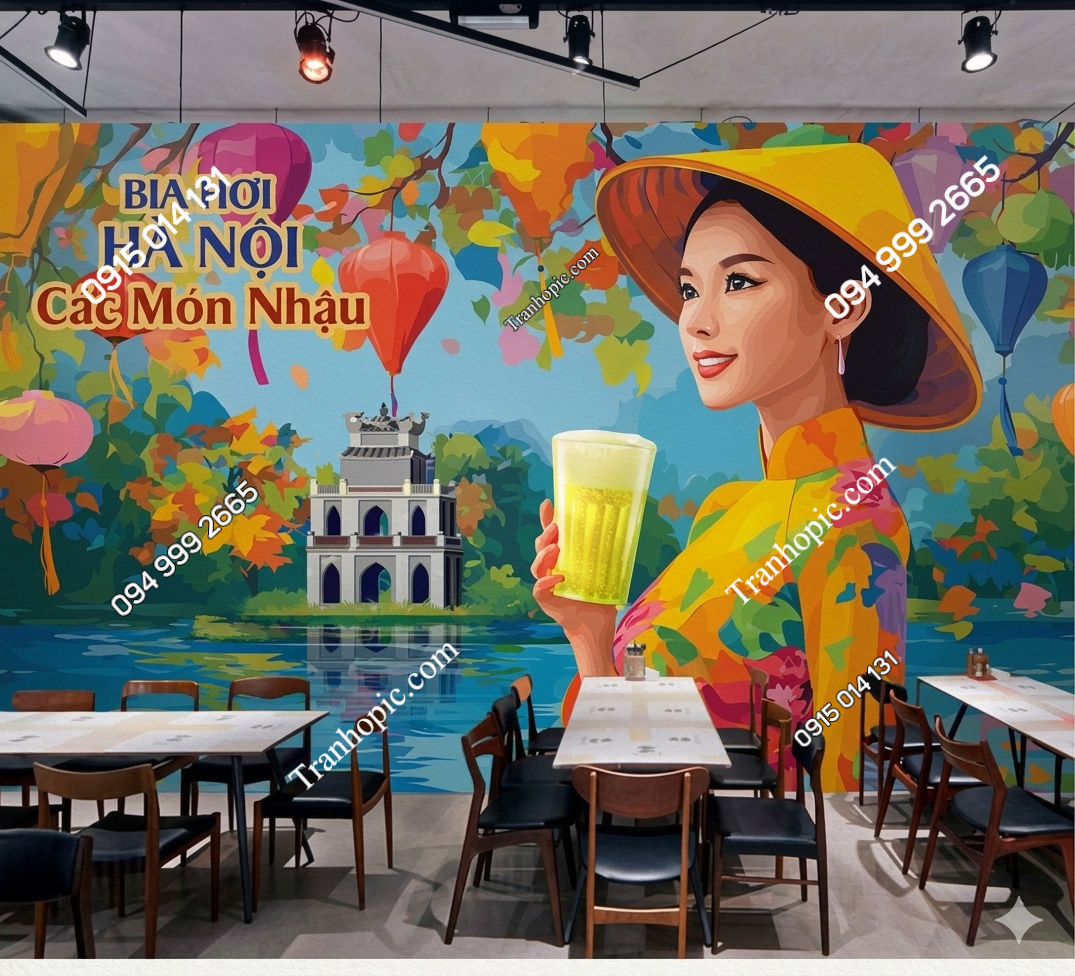 Tranh dán tường cô gái và hồ gươm trang trí quán bia 21320262 demo