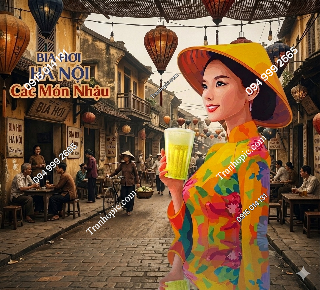 Tranh dán tường cô gái và phố bia Hà Nội xưa trang trí quán bia 21320265