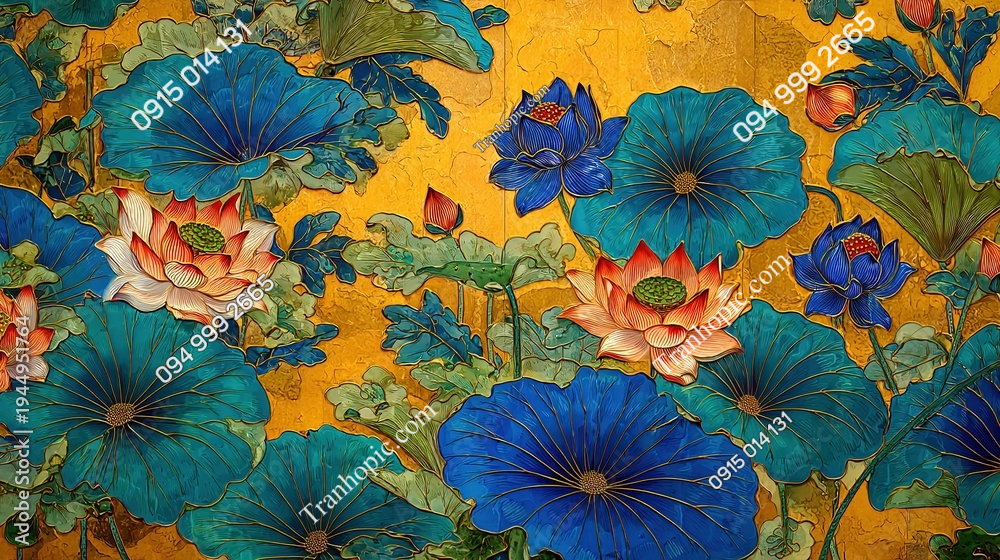 Tranh dán tường hoa sen nền vàng cổ AB1944951764