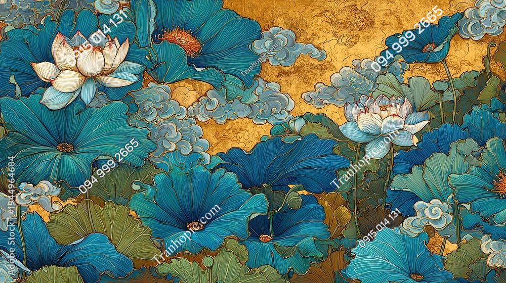 Tranh dán tường hoa sen nền vàng cổ AB1944964684