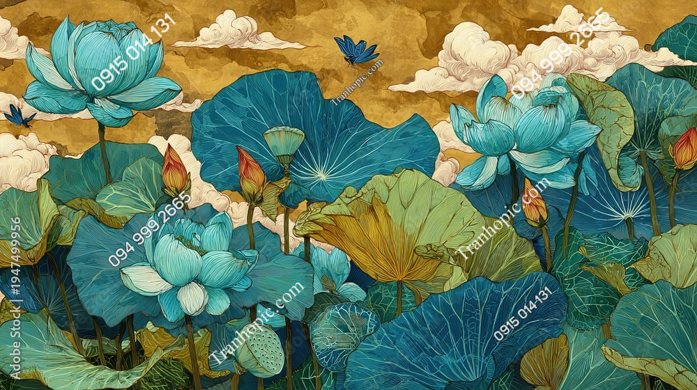 Tranh dán tường hoa sen nền vàng cổ AB1947499956