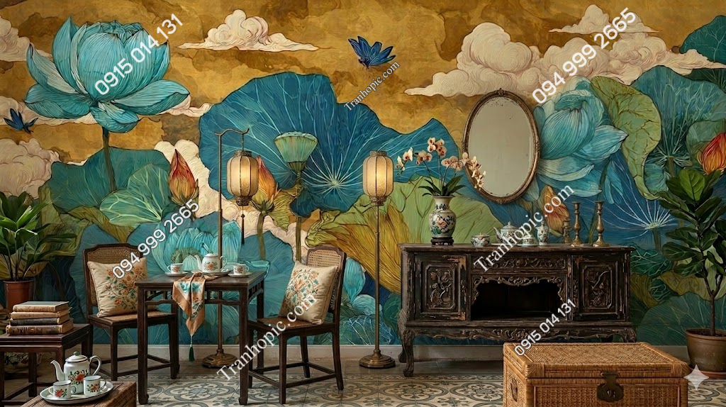 Tranh dán tường hoa sen nền vàng cổ trang trí phòng khách AB1947499956
