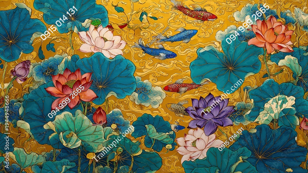 Tranh hoa sen nền vàng và cá AB1944948666
