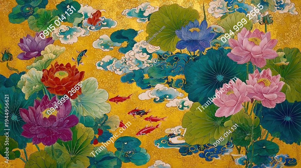 Tranh hoa sen nền vàng và cá AB1944956621
