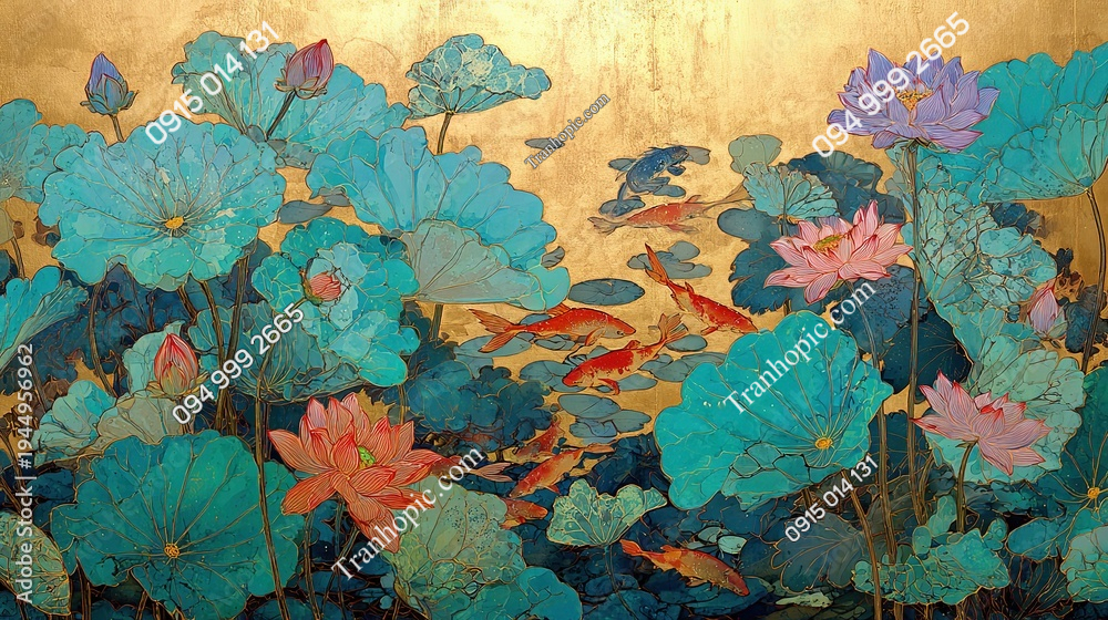 Tranh hoa sen nền vàng và cá AB1944956962
