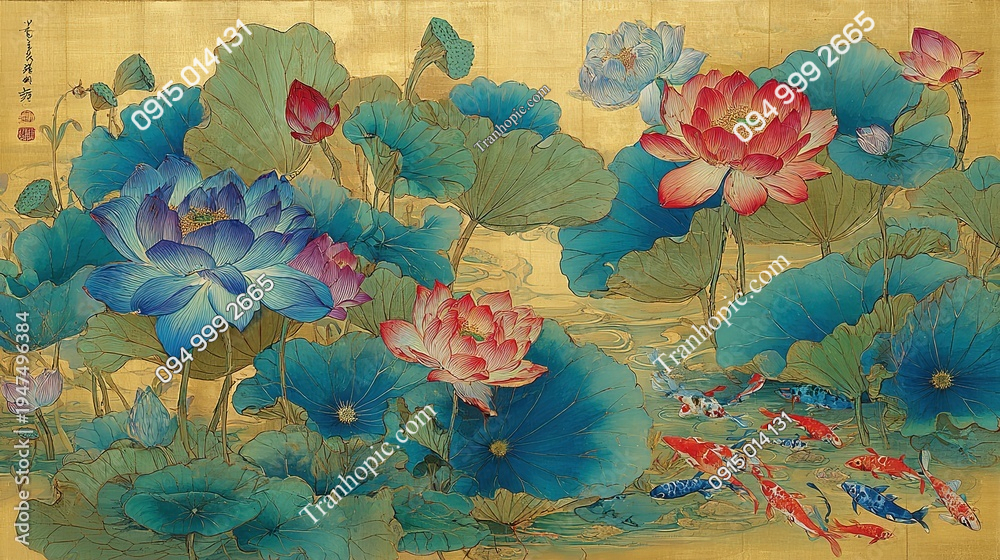 Tranh hoa sen nền vàng và cá AB1947496384