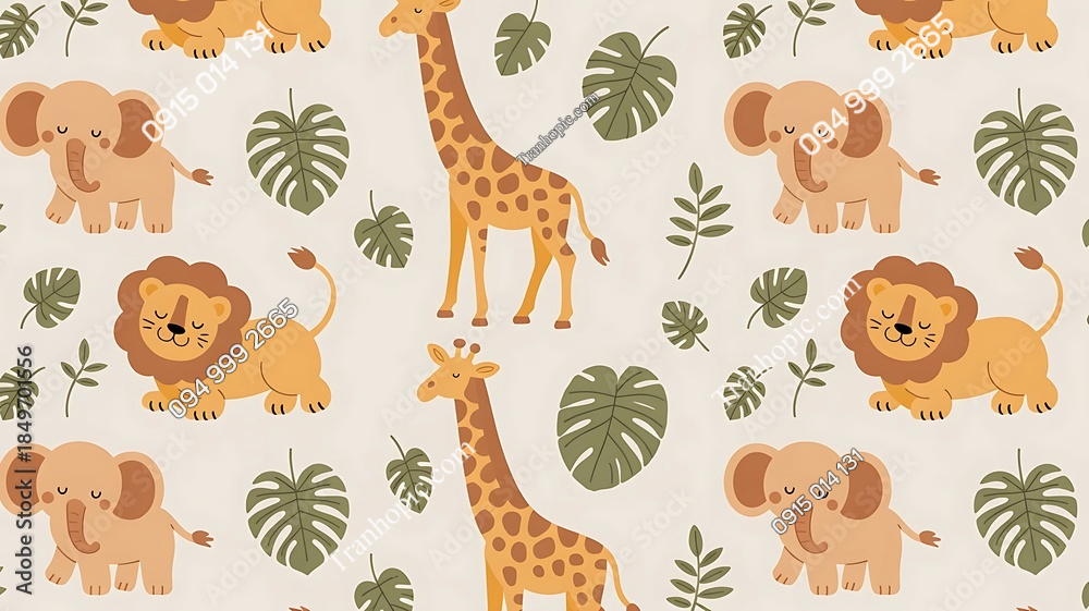 Tranh dán tường phòng bé đáng yêu với lá cây và con vật AB1849701556