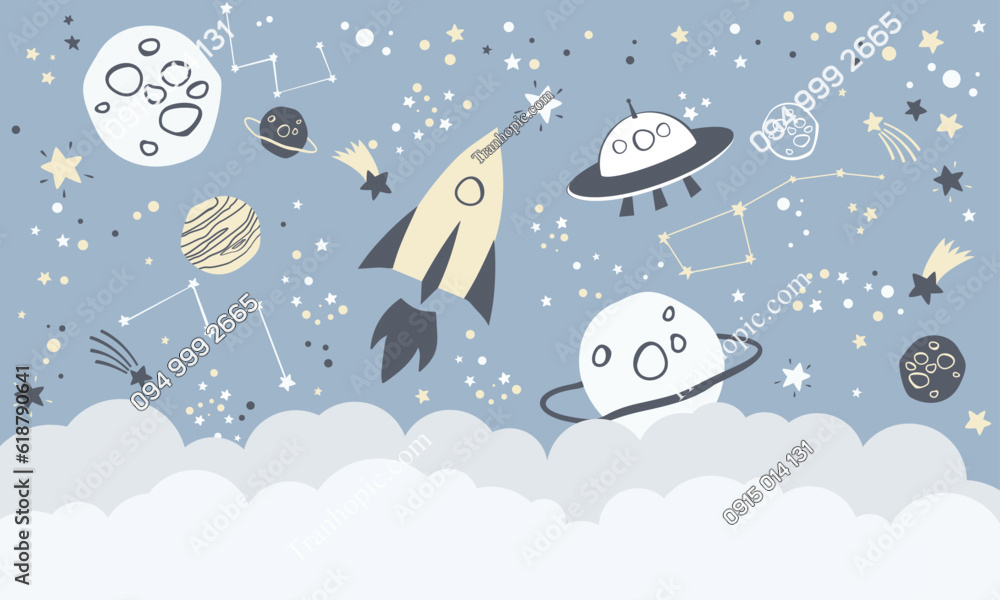 Tranh dán tường phòng trẻ em với tên lửa và vũ trụ AB618790641