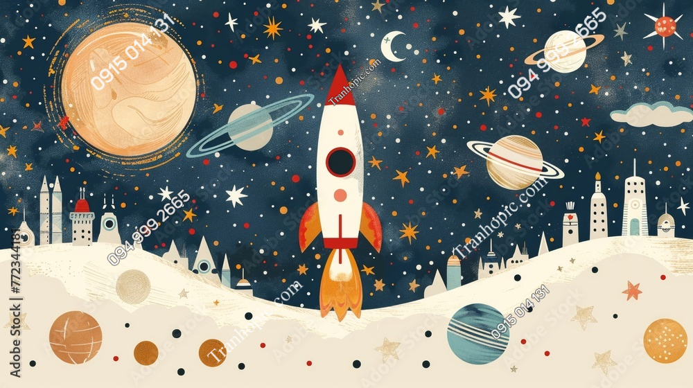 Tranh dán tường phòng trẻ em với tên lửa và vũ trụ AB772344181