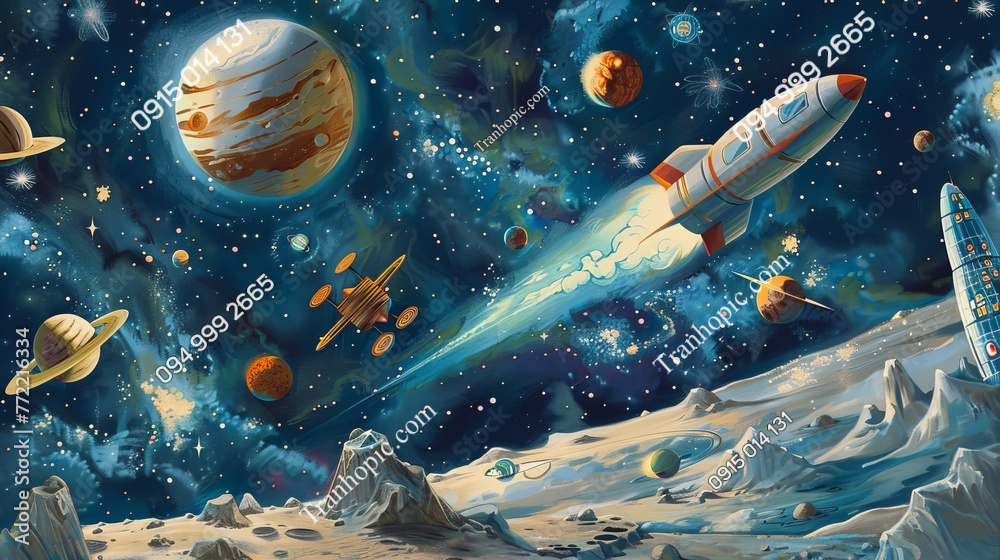 Tranh không gian vũ trụ cute dán tường phòng bé AB772216334