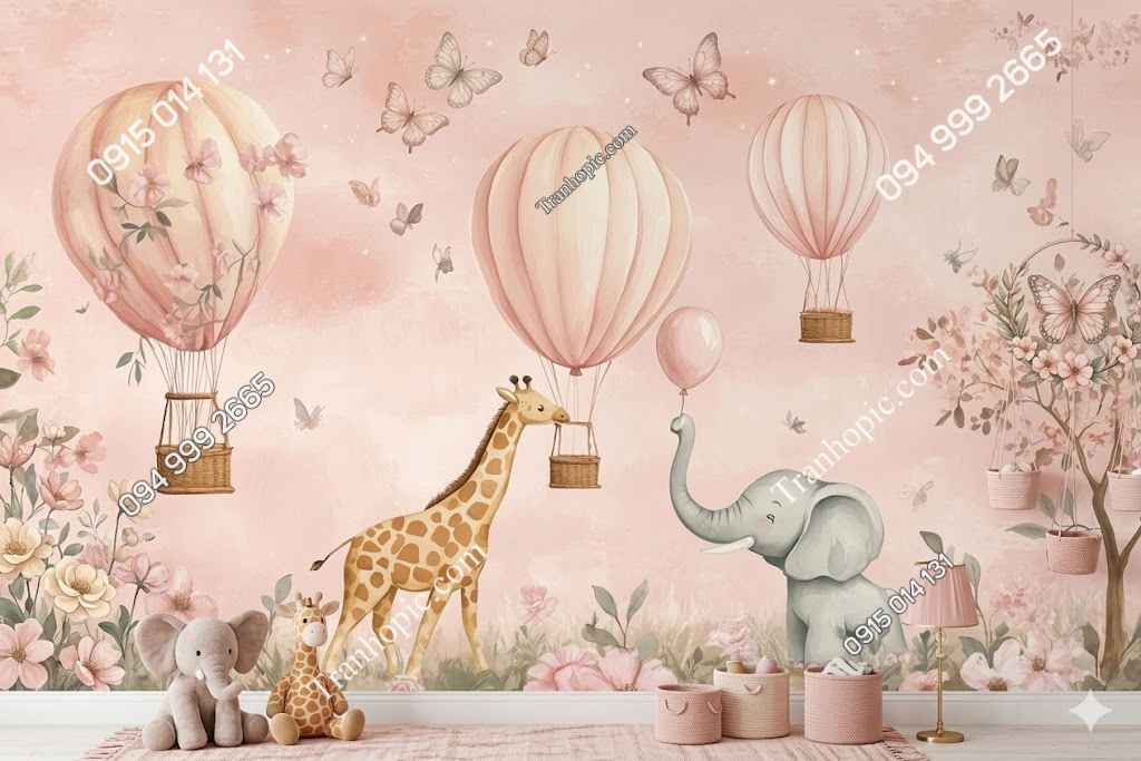 Tranh rừng cây và khinh khí cầu dán phòng bé gái AB1310048829 demo