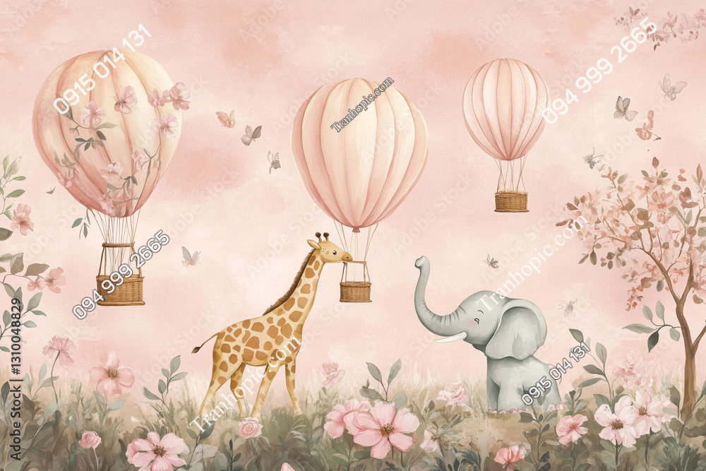 Tranh rừng cây và khinh khí cầu dán phòng bé gái AB1310048829