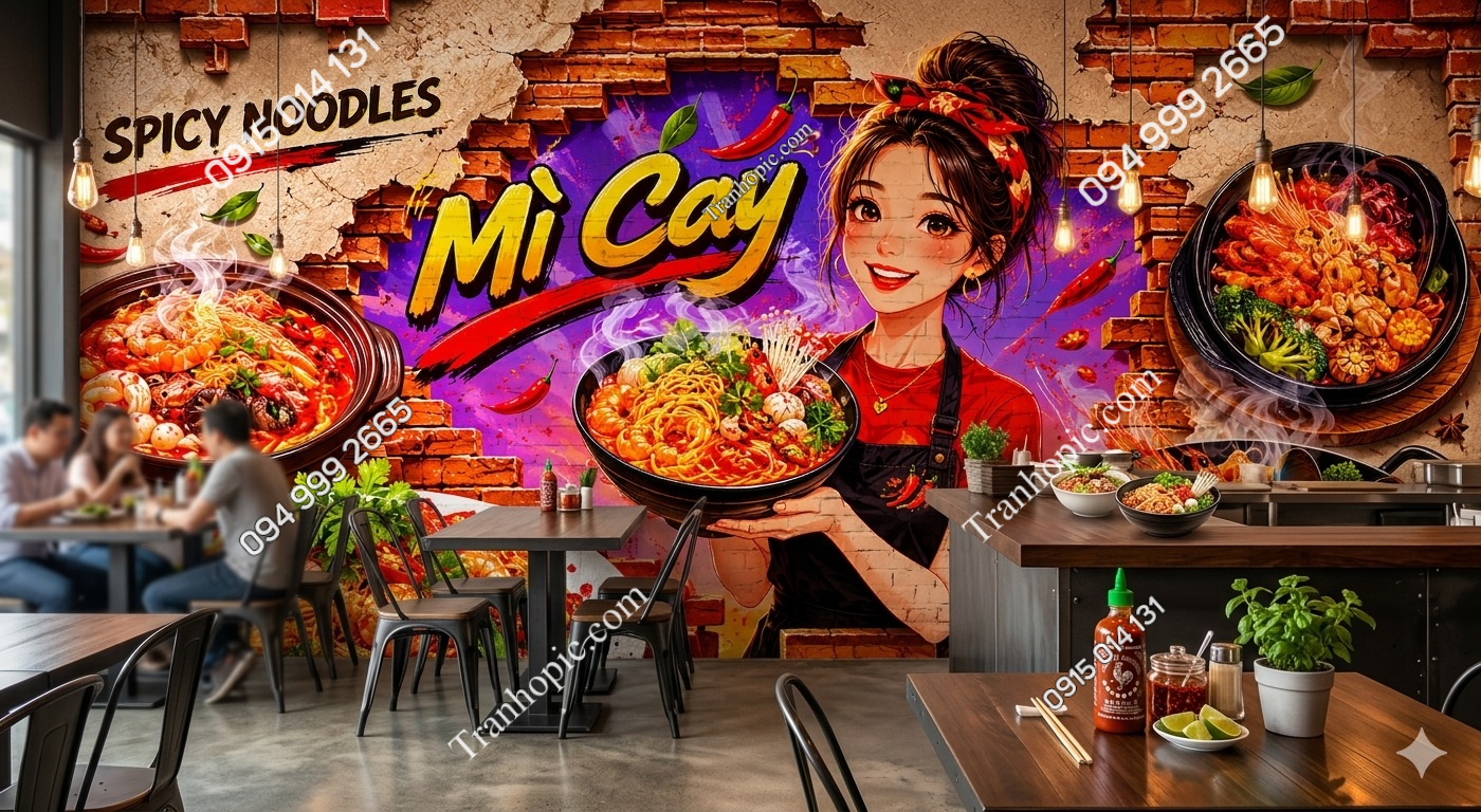 TRanh dán tường quán mì cay 3D nền gạch GPT20262951133