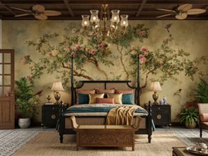 Tranh dán tường hoa hồng và chim phong cách indochine AB1949518795 phòng ngủ
