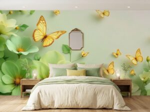 Tranh dán tường hoa và bướm nền xanh lá AB1722546174