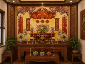 Tranh dán tường ngũ quả phòng thờ gia tiên mới 26112025