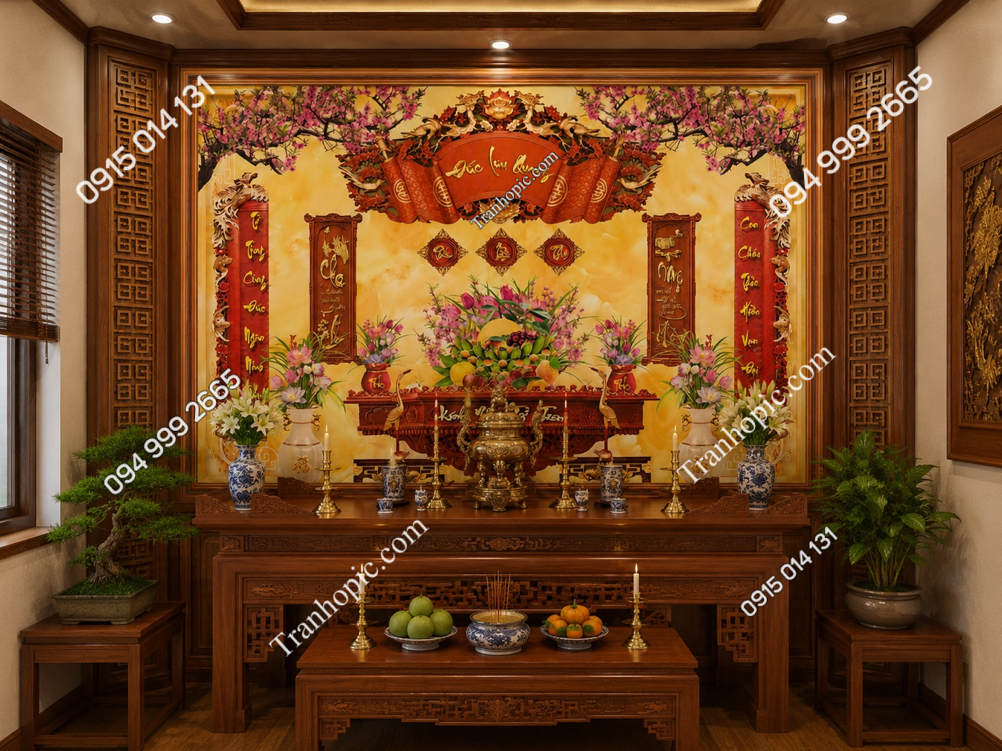 Tranh dán tường ngũ quả phòng thờ gia tiên mới 26112025