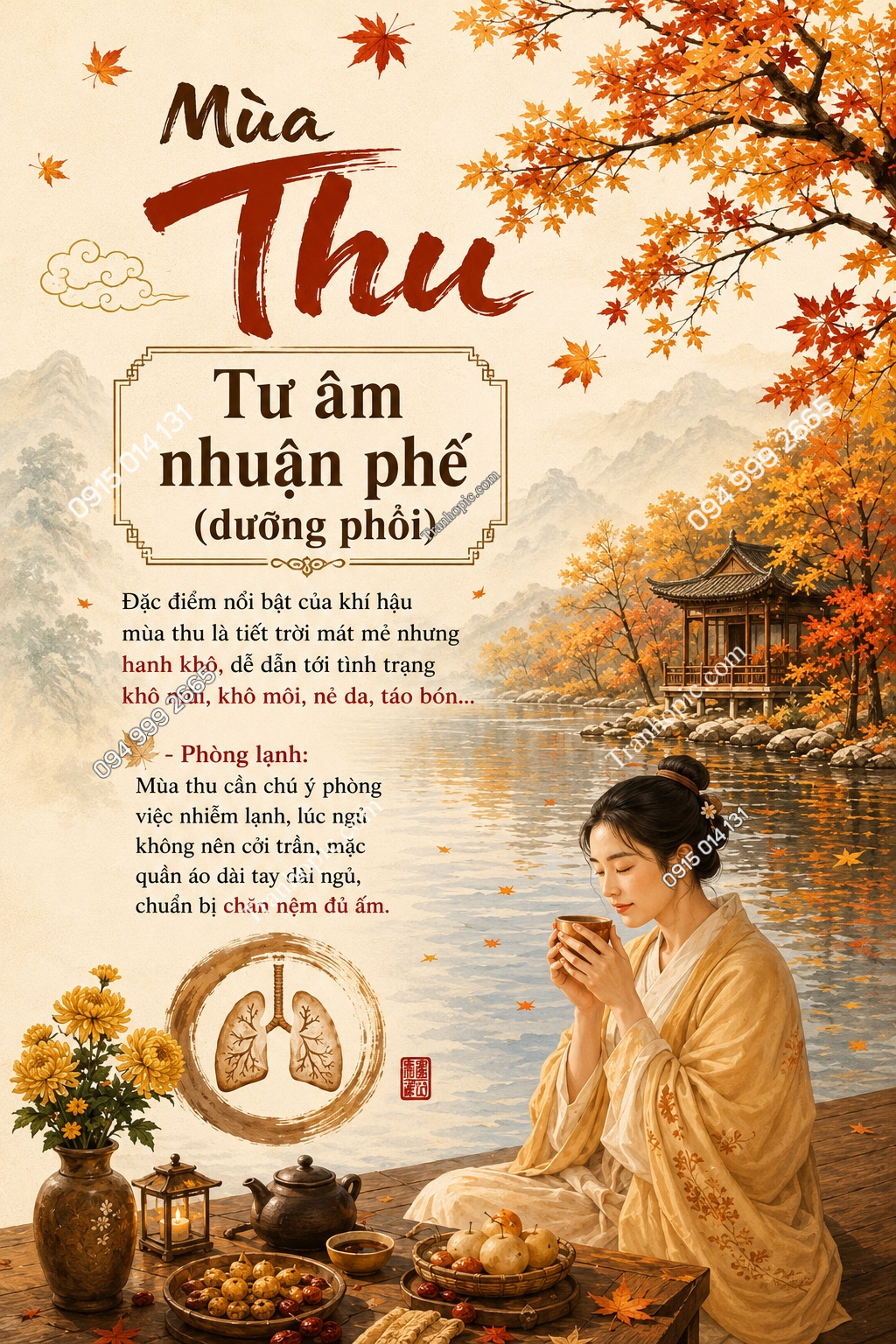 Tranh dán tường spa dưỡng sinh khổ dọc mùa thu
