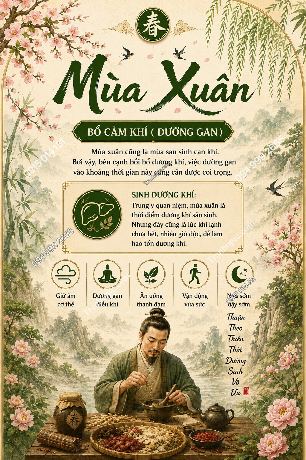 Tranh dán tường spa dưỡng sinh khổ dọc mùa xuân