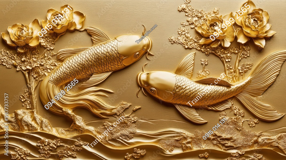 Tranh song ngư vàng và hoa sen AB987733757