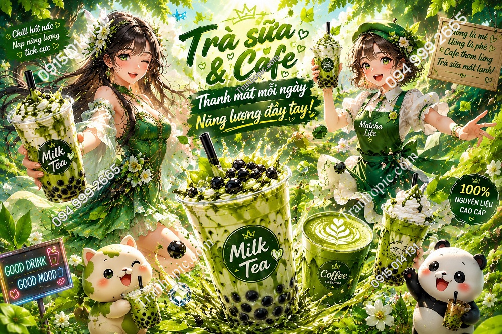 Tranh Dán Tường Trà Sữa Fantasy Cô Gái Trẻ Trung Màu Xanh GPTCF2026665